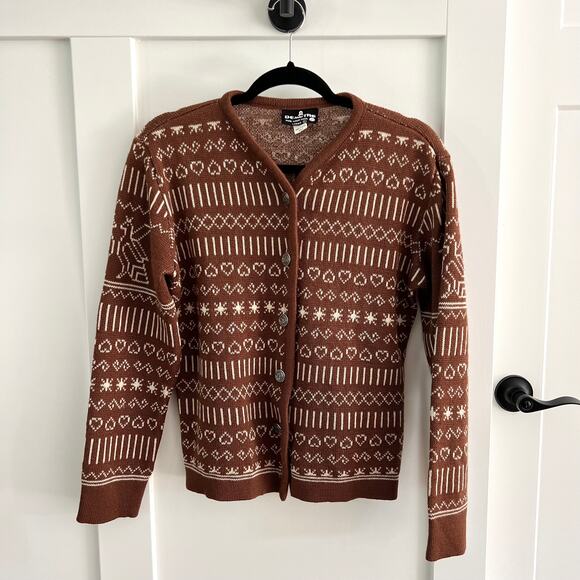 Vintage Demetre Pure Virgin Wool Brown Heart Stitch Cardigan Sweater Size Large - Picture 3 of 8